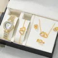 Luxus Damen Strass Quarz Uhr und Schmuck Geschenke Set Halskette Armband Ohrringe Ring - Stil 3 (Ohne Geschenkbox)