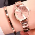 Rose gold quartz watch and love bracelet set detail wrist display, fashion women jewelry accessory. - Rose Gold Jewelry Set Without Box