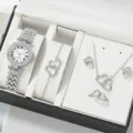 Luxus Damen Strass Quarz Uhr Halskette Armband Ohrringe Ring 5-teiliges Geschenkset - Stil 1 (Ohne Geschenkbox)
