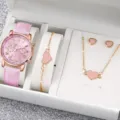 Set orologio al quarzo con cinturino in pelle rosa e collana bracciale con cuore - Stile 13 (Senza Confezione Regalo)
