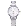 Silver women quartz watch detail view showcasing white dial and metal strap elegance. - White Watch Only