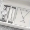 Detailed view of women silver watch and crystal jewelry gift set including bracelet necklace. - Silver 5-Piece Gift Box Set