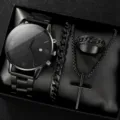 Ensemble de montre quartz noire pour homme avec collier croix bracelet et bague luxe - Style 1 (Sans Boîte)