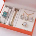 Set de regalo de joyas para mujer reloj de cuarzo cuadrado collar de cristal pulsera aretes - Estilo 1 + Conjunto de Accesorios (Sin Caja)