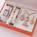 Damen Mode Quarz Uhr Armband Halskette Ohrringe Ring Geschenkset rosa Schmuck Box - Stil 2 und Schmuckset