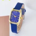 Orologio al quarzo quadrato con un cinturino in pelle blu e cassa dorata per donne eleganti. - Orologio Blu