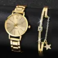 Gold quartz watch and rhinestone star bracelet set for women, elegant fashion jewelry. - 1+Bracelet