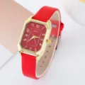 Orologio da polso quadrato rosso in pelle con cassa dorata e numeri per donne moda. - Orologio Rosso