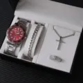 Set gioielli da uomo orologio bracciale collana anello, accessori moda hip-hop di tendenza. - Set da 4 Pezzi Orologio e Gioielli Vintage da Uomo con Quadrante Rosso (A2-Senza Scatola)
