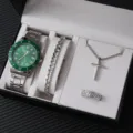 Orologio quarzo quadrante verde uomo bracciale catena collana croce anello regalo set. - Orologio al Quarzo Quadrante Verde Set Regalo 4 Pezzi (A3)