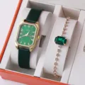 Orologio rettangolare con quadrante verde e bracciale in cristallo in confezione. - Quadrante Verde Cassa Dorata Orologio con Bracciale Gemma Verde / Set di Gioielli (Senza Scatola)