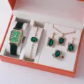 Orologio quarzo quadrante verde donna e set gioielli cristallo smeraldo collana orecchini - Set di Gioielli Verde (Senza Scatola) (B13)