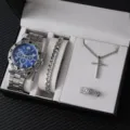 Set regalo orologio al quarzo da uomo con quadrante blu, bracciale catena, collana croce e anello. - Orologio al Quarzo Quadrante Blu Set Regalo 4 Pezzi (Senza Scatola)