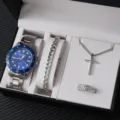 Uomini elegante orologio bracciale collana anello set trendy hip hop acciaio inox scatola - Orologio al Quarzo Quadrante Blu Set Regalo 4 Pezzi (A4)