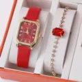 Orologio da donna e set di bracciali cinturino in pelle rossa quadrante quadrato scatola regalo. - Quadrante Rosso Cassa Dorata Orologio con Bracciale Gemma Rossa / Set di Gioielli (Senza Scatola)