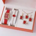 Donna Rosso Quadrato Orologio Cristallo Gioielli Set regalo Collana Orecchini Bracciale - Set di Gioielli Rosso (Senza Scatola) (B12)