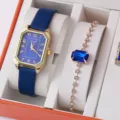 Set regalo orologio al quarzo da donna e bracciale in cristallo con quadrante blu e cinturino. - Quadrante Blu Cassa Dorata Orologio con Bracciale Gemma Blu / Set di Gioielli (Senza Scatola)