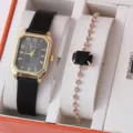 Orologio donna quarzo bracciale set gioielli confezione regalo design elegante chic - Quadrante Nero Cassa Dorata Orologio con Bracciale Gemma Nera / Set di Gioielli (Senza Scatola)
