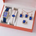 Set di orologio e gioielli di lusso con strass quadrati blu da donna con confezione regalo. - Set di Gioielli Blu (Senza Scatola) (B11)