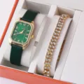 Elegante set regalo con orologio da polso rettangolare verde e bracciale in strass. - Cinturino Verde Cassa Dorata Orologio Quadrato con Bracciale Strass Doppia Fila / Set di Gioielli (Senza Scatola)
