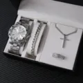 Vista dettagliata di orologio al quarzo argento bracciale collana croce anello set. - Prezzo Diretto di Fabbrica / Set da 4 pezzi orologio d'argento e gioielli (A16)