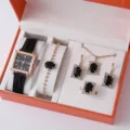 Elegante set regalo donna con orologio da polso e gioielli in cristallo nero quadrato. - 19+ Accessori (senza scatola)