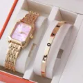 Donna orologio al quarzo quadrato oro quadrante rosa con bracciale lettere set regalo - Orologio con Quadrante Rosa Cassa Dorata con Bracciale Lettere LOVE / Set di Gioielli (Senza Scatola)