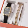 Set orologio donna al quarzo e bracciale strass, cinturino pelle nera, quadrante quadrato oro. - Cinturino Nero Cassa Dorata Orologio Quadrato con Bracciale Strass Doppia Fila / Set di Gioielli (Senza Scatola)