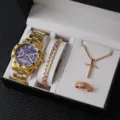 Set regalo gioielli da uomo orologio oro bracciale catena collana croce e anello - Orologio con Cinturino in Acciaio Oro Quadrante Blu Set Regalo 4 Pezzi (A8)