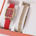 Orologio al quarzo rettangolare da donna in pelle rossa con set regalo bracciale strass - Cinturino Rosso Cassa Dorata Orologio Poligonale con Bracciale Strass Doppia Fila / Set di Gioielli (Senza Scatola)