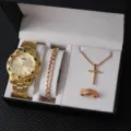 Set orologio bracciale collana anello oro uomo scatola regalo moda gioielli uomo - Prezzo Diretto di Fabbrica / Set da 4 pezzi orologio dorato e gioielli (A13)