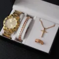 Set di orologio e gioielli dorati con elegante orologio al quarzo, bracciale, collana e anello. - Orologio al Quarzo Oro da Donna Set Regalo 4 Pezzi (A9)
