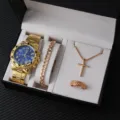 Uomini lusso oro orologio bracciale collana anello set confezione regalo elegante - Orologio a Tre Occhi Grande Quadrante Oro Set Regalo 4 Pezzi (A12)