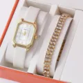 Set orologio al quarzo da donna con cinturino in pelle bianca e bracciale con strass. - Cinturino Bianco Cassa Dorata Orologio Quadrato con Bracciale Strass / Set di Gioielli (Senza Scatola)