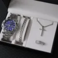 Set orologio uomo di lusso con orologio al quarzo, bracciale, collana con croce e anello. - Orologio Quadrante Numeri Romani Blu Set Regalo 4 Pezzi (A11)