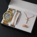 Uomini lusso oro orologio set collana anello bracciale moda lavoro quarzo orologio regalo - Orologio in Metallo Oro Set Regalo 4 Pezzi (A7)