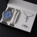 Set regalo gioielli da uomo con orologio al quarzo bracciale catena collana croce. - Prezzo Diretto di Fabbrica / Set da 4 pezzi orologio d'argento e gioielli (A15)