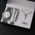 Set regalo orologio uomo con bracciale in acciaio, collana con croce e anello. - Orologio in Metallo Argento Set Regalo 4 Pezzi (A5)