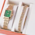 Squisito set di orologio da polso al quarzo da donna e bracciale con strass con quadrante verde. - Quadrante Verde Catena Dorata Orologio con Bracciale Strass Doppia Fila / Set di Gioielli (Senza Scatola)