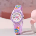 Grazioso orologio al quarzo viola per bambini con cinturino in silicone, dettaglio floreale. - Taglia unica / Fiore Viola