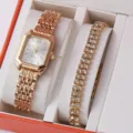 Set orologio al quarzo color oro e bracciale con strass da donna in confezione regalo. - Orologio con Quadrante Bianco Cassa Dorata con Bracciale Strass a Più File / Set di Gioielli (Senza Scatola)
