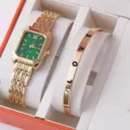 Elegante set regalo con orologio al quarzo dorato e bracciale con quadrante verde scuro. - Orologio con Quadrante Verde Cassa Dorata con Bracciale Lettere LOVE / Set di Gioielli (Senza Scatola)