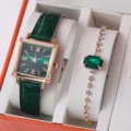 Orologio donna quarzo quadrante verde quadrato e set regalo bracciale strass per signore alla moda - Orologio Quadrato con Cinturino in Pelle Quadrante Verde con Bracciale Strass / Set di Gioielli (Senza Scatola)