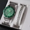 Set regalo orologio uomo al quarzo con quadrante verde e bracciale in acciaio argento. - Set Orologio al Quarzo e Bracciale da Uomo Argentato Ghiera e Quadrante Verdi (A26-Senza Scatola)