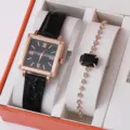Elegante set di orologio quadrato da donna e bracciale con quadrante nero raffinato. - Orologio Quadrato con Cinturino in Pelle Quadrante Nero con Bracciale Gemma Nera / Set di Gioielli (Senza Scatola)