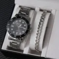 Set orologio al quarzo e bracciale catena uomo in confezione regalo, design metallico. - Set Orologio al Quarzo e Bracciale da Uomo Argentato con Ghiera Nera (A24-Senza Scatola)
