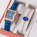 Elegante orologio quadrato e set di bracciali con pietre blu, accessorio moda da donna. - Orologio Quadrato con Cinturino in Pelle Quadrante Blu con Bracciale Gemma Blu / Set di Gioielli (Senza Scatola)