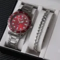 Set Regalo Orologio Quarzo Uomo e Bracciale Catena Quadrante Rosso Cinturino Acciaio - Set Orologio al Quarzo e Bracciale da Uomo Argentato con Quadrante Rosso (A25-Senza Scatola)