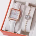 Elegante set di orologio quadrato da donna e braccialetto di cristallo brillante. - Cinturino Bianco Orologio Motivo Marmo con Bracciale Strass (B22) / Set di Gioielli (Senza Scatola)