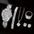 Dettaglio del set di gioielli con orologio al quarzo in strass e cristalli scintillanti. - Orologio Numeri Romani Strass Bracciale Set 5 Pezzi / Senza Scatola / Argento